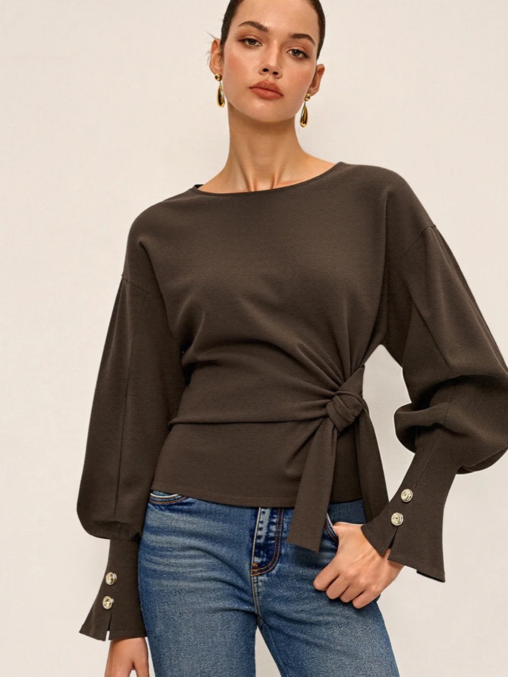 Commense Dark Brown twist Knot-Waist balloon Sleeve Top - size L